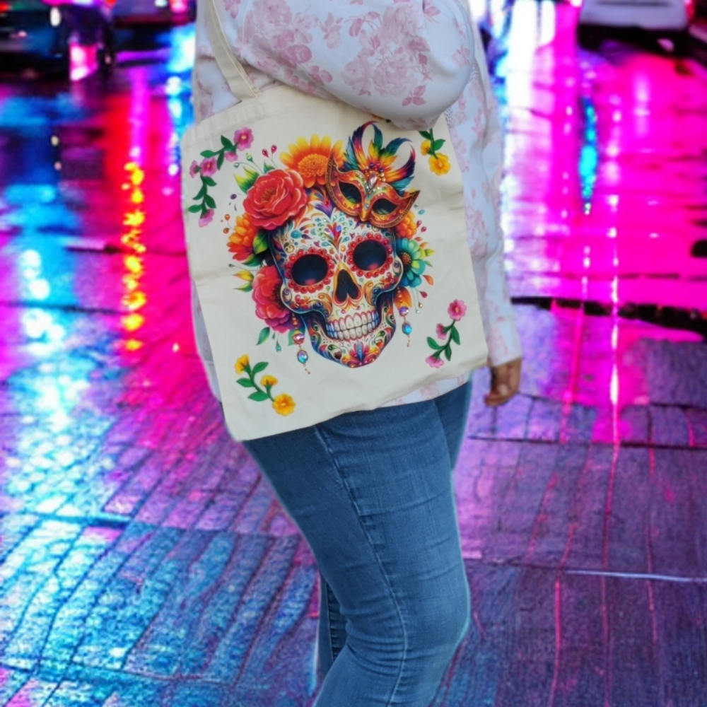 Colorful Skull and Floral Tote Bag - Picture 11 of 15